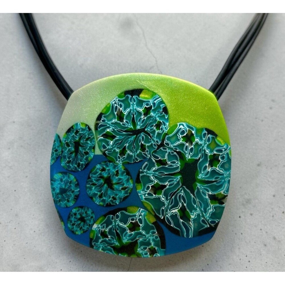 Handmade Blue & Green Abstract Floral Polymer Clay Large Pendant Necklace Cord
